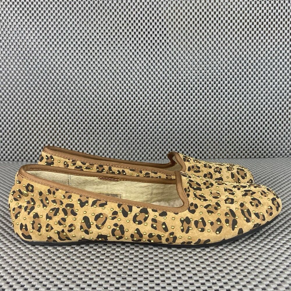 UGG Alloway Studded Ballet Flat Shoes 5 Brown Animal Print Leather Sheepskin - Picture 5 of 12